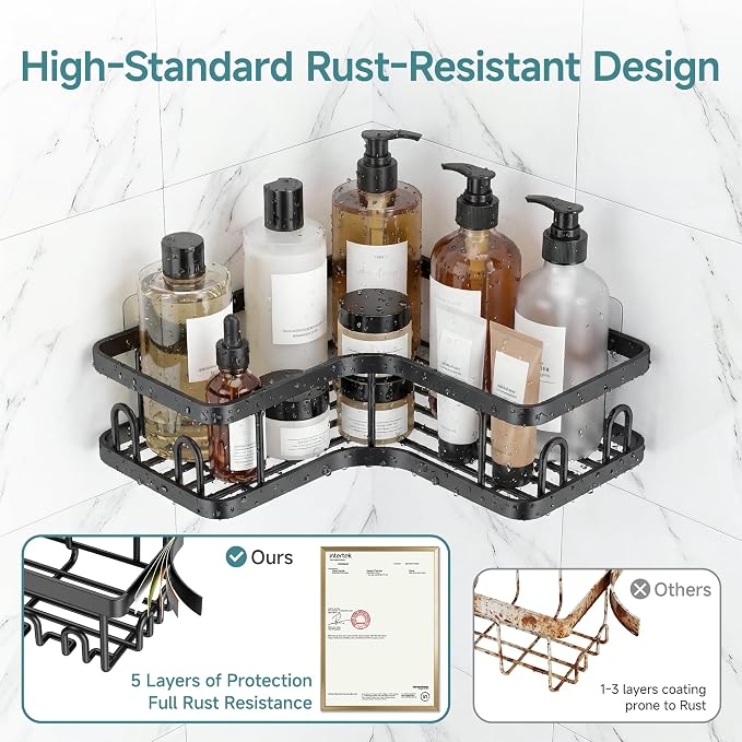 Veken Corner Adhesive Shower Caddy 3-Pack with Soap Holder&Hooks,No Drilling Shower Shelves,Rustproof & Waterproof Bathroom Organizers and Storage,Rack for Small Spaces, Kitchen&Rental-Friendly,Black