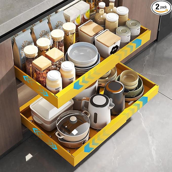 Mustorn 2 Pack Pull Out Cabinet Organizer, Expandable Slide Out Drawers for Kitchen Cabinets Peel and Stick Pullout Drawer Heavy Duty Sliding Shelves for Cupboard, Pantry, Bathroom(16.5" Deep, Yellow)