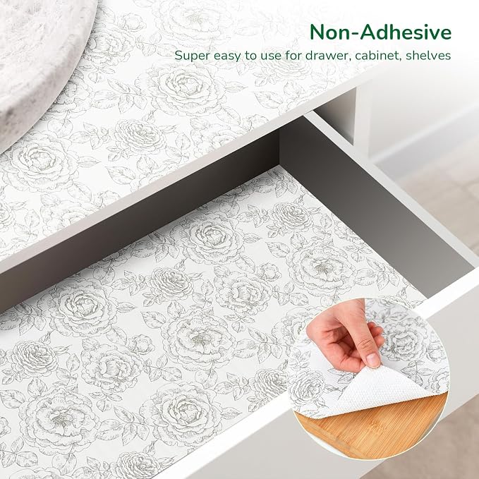 Floral Drawer and Shelf Liner for Kitchen, Non-Slip Non-Adhesive Cabinet Liners for Cupboard, Dresser, Shelves, Tool Box, Pantry, Thickened Easy Install, Strong Grip, 17.5In x 20FT, Rose
