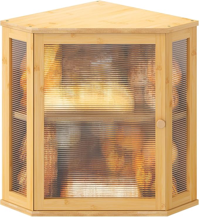 Corner Bread box for Kitchen Countertop,Farmhouse Bread Box with Acrylic Wavy Door Panel,Large Bread box for kitchen countertop,Food Storage Container (Natural, Extra Large)
