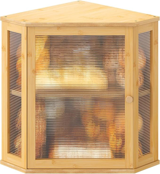 Corner Bread box for Kitchen Countertop,Farmhouse Bread Box with Acrylic Wavy Door Panel,Large Bread box for kitchen countertop,Food Storage Container (Natural, Extra Large)