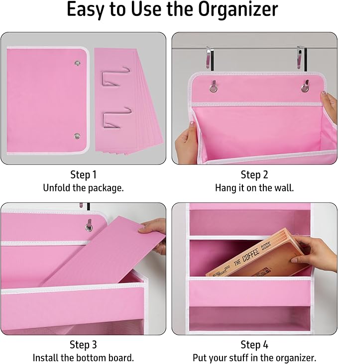 Giraffe Creation Compact Pink Over Door Organizer with 4 Large Clear Pockets, Compact Hanging Door Storage for Nursery, Bedroom, Bathroom, Closet, Baby Essentials