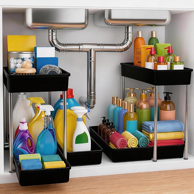 2-Tier Under Sink Organizer with Smooth Rolling Wheels, Pull-Out Bottom Storage Drawer with Easy-Lift Handle, Metal & Plastic Sliding Cabinet Organizer for Kitchen & Bathroom, Black, 2 Pack