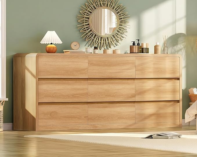 TEENFON 9 Drawer Dresser for Bedroom, 63" Wide Dressers & Chest of Drawers with Curved Profile Design, Wood Closet Storage Dressers Organizer for Bedroom, Living Room, Natural