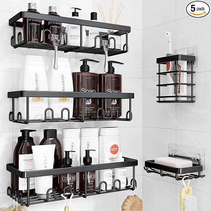 YASONIC Shower Caddy Adhesive, 100% Rustproof Shower Organizer with Soap and Toothbrush Holder, Large Capacity Shower Shelves for Inside Shower, No Drill Shower Storage for Home (5 Pack Black)