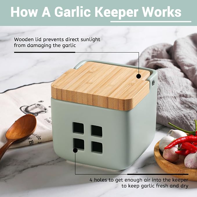 RQYIXI Garlic Container for Counter Ceramic Garlic Keeper Storage Garlic Holder with Lid to Keep Your Garlic Cloves Fresh Longer(Green)
