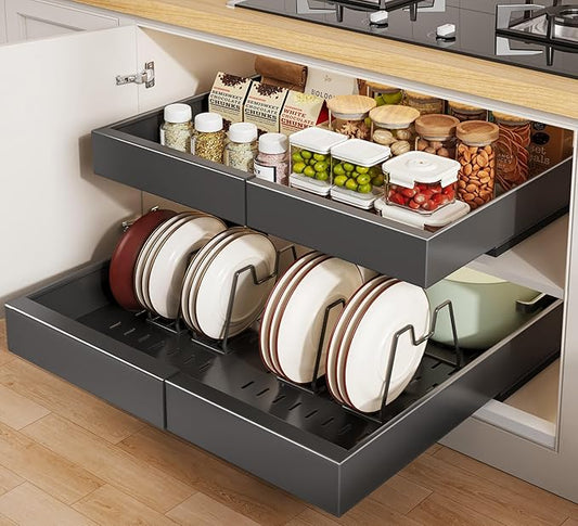 Seinloes 2 Pack Pull out Cabinet Organizer 21"Deep With Raising Pad for Framed Cabinets, Expandable Slide out Drawers for Kitchen Cabinets with 4pcs Divider Racks, Roll out Shelves 12.1"-20.4" W Black