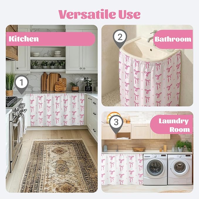 Pink Bow Sink Skirt for Preppy Bathroom Decor, Self Stick Adhesive Waterproof Fabric, Coquettecute Under Sink Curtain Skirt, Pedestal Sink Accessories Decor,