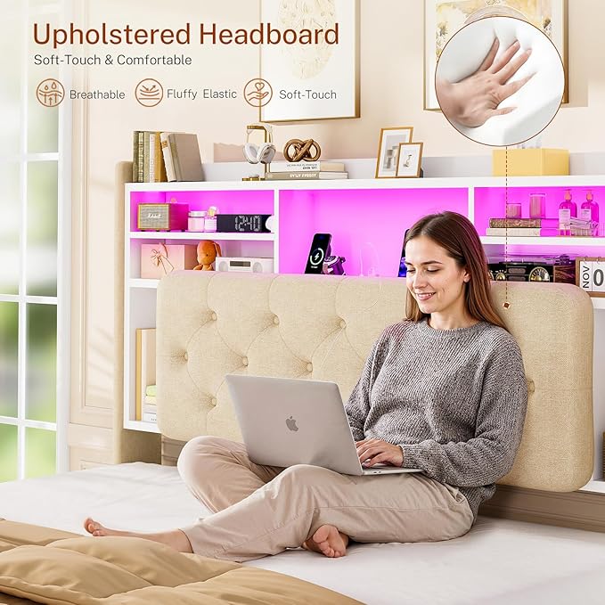 TEENFON Queen Bed Frame with Headboard and 2 Drawers Storage, Bed Frame Queen Size Built in LED Lights and Charging Station, Sturdy & Noise-Free Upholstered Platform Metal Bed, Beige