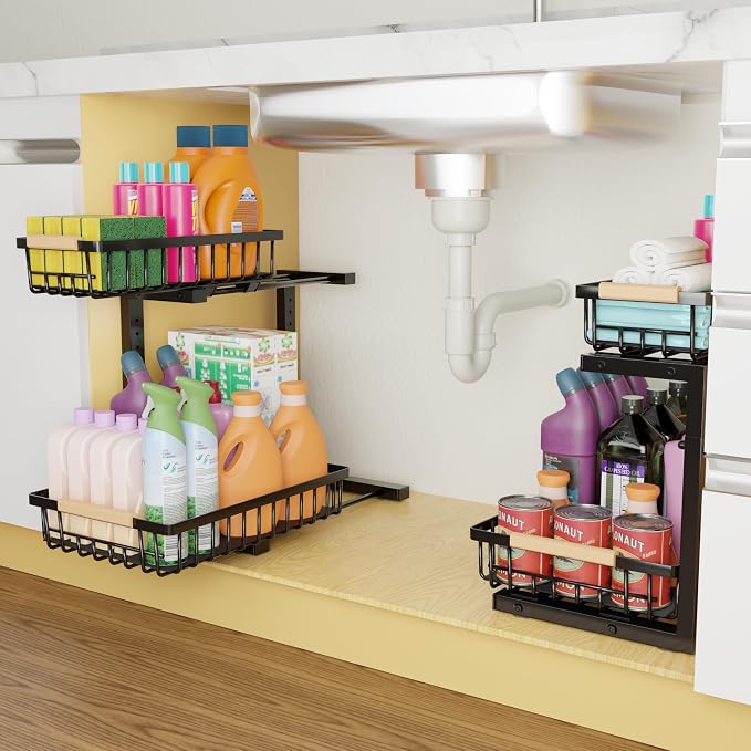 Under Sink Organizer with Pull-Out Drawers, 5-Level Adjustable Height 14"–17", 2-Tier Cabinet Storage, 4 Suction Cups, Nano-Grip Base, Sliding Baskets, Heavy-Duty Steel, Kitchen & Bathroom