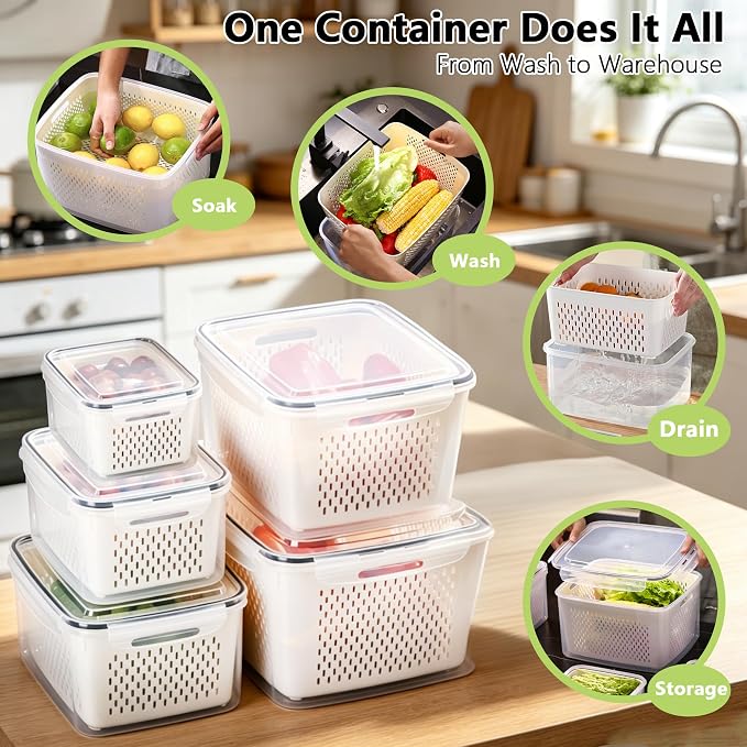 5 Pack Fruit Storage Containers for Fridge,Fruit Containers for Fridge with Removable Colanders,Leakproof Refrigerator Organizers and Storage for Produce Beery Vegetable Salad Meat Food Keep Fresh