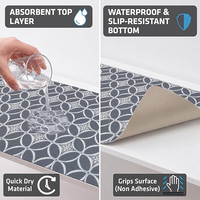 Drymate Premium Luxury Shelf & Drawer Liner, Thick Cushioned Fabric, Non-Adhesive, Absorbent, Waterproof, Slip-Resistant, Liners for Kitchen Cabinets, Cupboards (USA Made)(12”x59”)(2-Pack)(IndigoGrey)