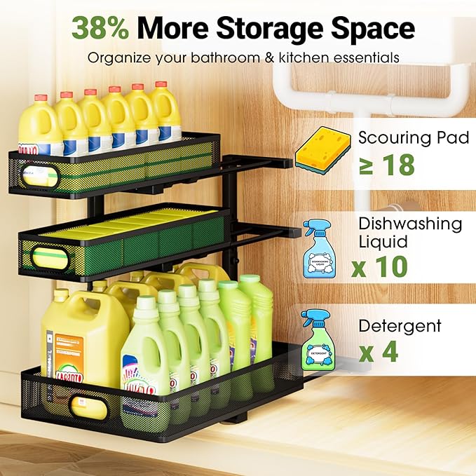 Under Sink Organizer 3 Tier, 2 Pack L-Shaped Pull-Out Cabinet Organizer with Sliding Metal Mesh Drawers, Height Adjustable Under Sink Storage Rack for Kitchen Bathroom Cabinet, Black