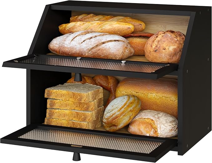 Bread Box, Bamboo Wood Bread Box for Kitchen Counter, Double-layer Bread Storage Bin, Acrylic glass with Diamond Patterns (Black, Large)