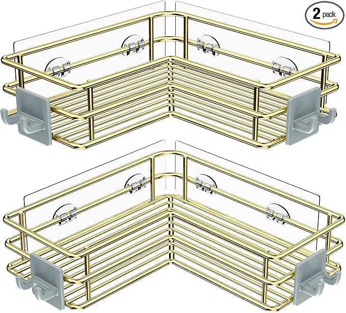 Nieifi Corner Shower Shelves Stainless Steel, Adhesive Shower Caddy Basket Rack with Hooks, Rust Proof for Bathroom Shelf Shampoo Holder (Golden, 2 Pack)