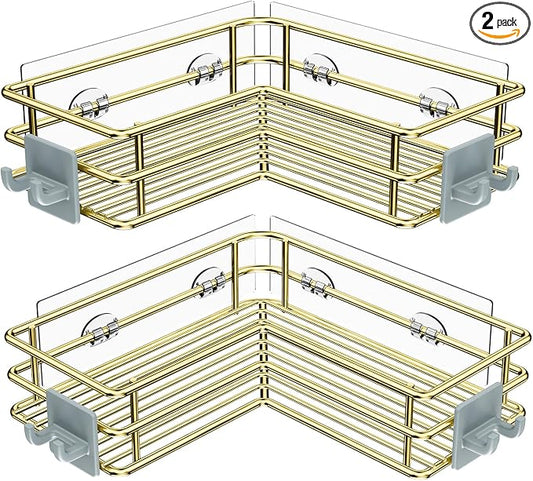Nieifi Corner Shower Shelves Stainless Steel, Adhesive Shower Caddy Basket Rack with Hooks, Rust Proof for Bathroom Shelf Shampoo Holder (Golden, 2 Pack)