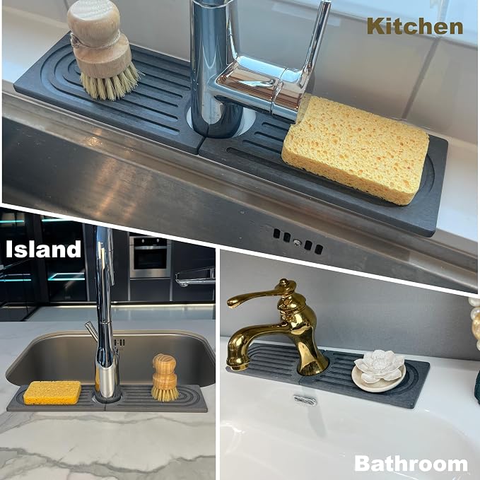 Faucet Mat for Kitchen Sink, Stone Drying Mat for Kitchen Counter, Stone Mat Bathroom, Kitchen Mat, Sink Mat, Water Absorbing Stone Tray for Sink, Bathroom Stone Mat (DARK GREY, 15.8*4")