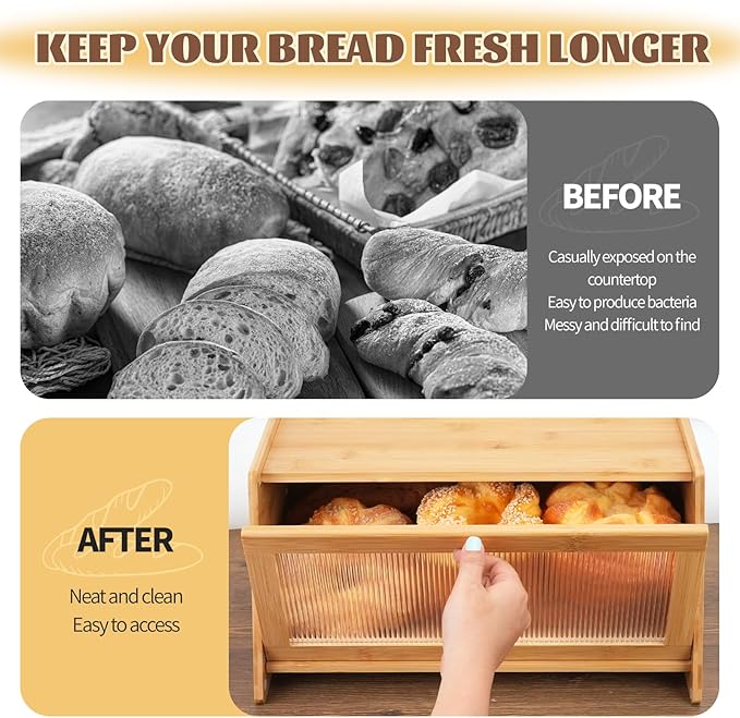 Bamboo Breadbox for Kitchen Countertop, Farmhouse Large Capacity Bread Container Storage Bin with Striped Window Door Panel, Vintage Bread Holder for Bagels, Muffins, Cupcakes & Cookies (Natural)