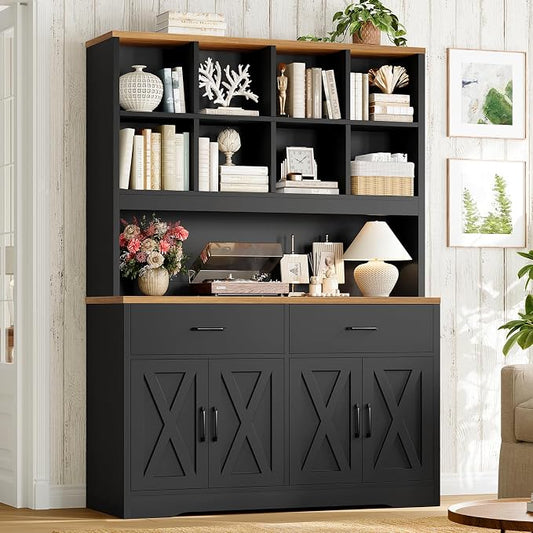 TEENFON Bookshelf and Bookcase, 5 Tier Floor Standing Bookshelves, Large Bookcases with Drawers and Storage Cabinet, 8 Open Storage Shelves and Printer Stand for Study, Living Room, Office