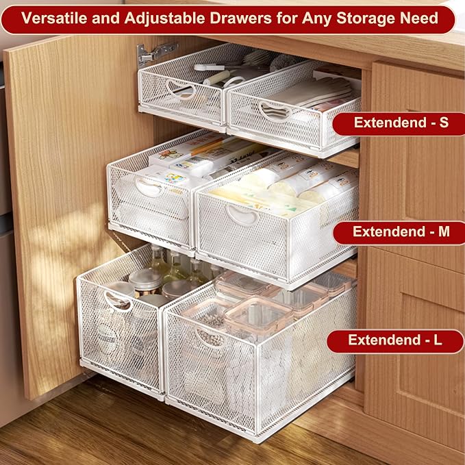 Pull Out Drawers for Cabinets Stackable or Single, Pull Out Cabinet Organizer Adhesive, Cabinet Drawers Slide Out, Extra Rails, for Sink Pantry Shelve