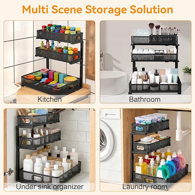 Under Sink Organizer for Bathroom, 3 Tier Adjustable Height Under Sink Storage, Sliding Pull Out Cabinet Organizer Shelf, Metal Multi-Purpose Cabinet Organizer for Kitchen (1 Pack, Black)