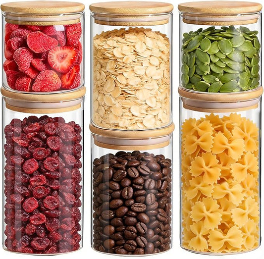ComSaf Glass Storage Containers with Lids (0.6qt/1qt/1.5qt) Set of 6,Glass Pantry Storage Containers with Airtight Lid & lables for Dry Food, Snacks, Nuts, Stackable for Kitchen, Pantry Organization