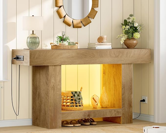 63" Long Console Table, Entryway Table with Charging Station and Adjustable LED Light, 2-Tier Sofa Table, Behind The Couch Table, Farmhouse Narrow Console Tables for Entryway, Living Room, Hallway