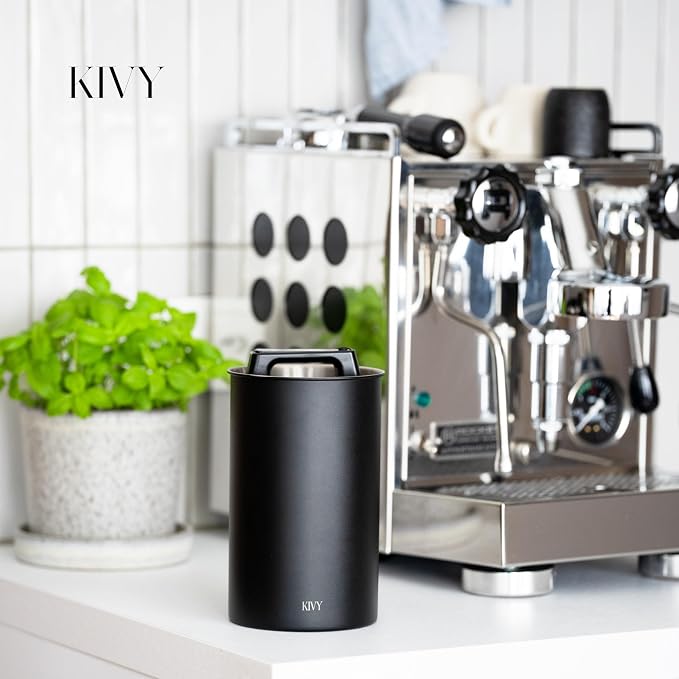 KIVY Vacuum Coffee Canister - Push Lid Preserves Aroma & Oil - Stainless Steel Airtight Container for Ground & Bean Storage - Removes Excess Air