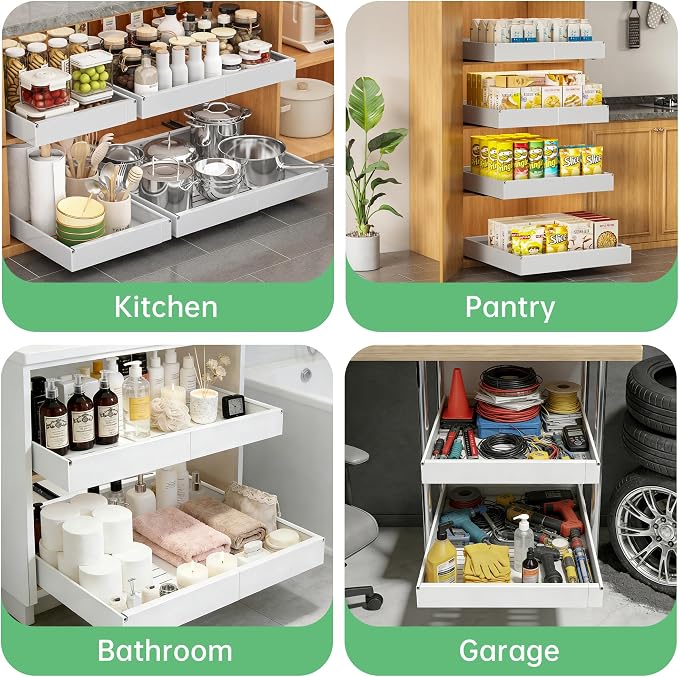 Pull out Cabinet Organizer, 2 pack, 20.5" Deep Heavy Slide out Drawers, Upgrade Three triple-slide Rail Systems, Expandable 12.8"-20.8" Roll out Shelf Storage for Kitchen Base Cabinet Organization