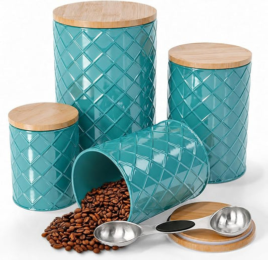 Pebble & Stem® Coastal Teal Metal Canister Set for the Kitchen with Measuring Spoon, Food Canister Set of 4, Airtight Lids, Sugar, Flour Containers, Coffee, Tea Storage, Farmhouse Decor