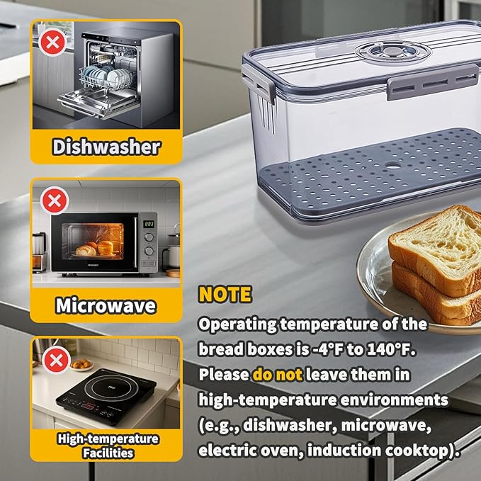 Bread Box for Kitchen Countertop, Airtight Bread Container with Lid, Time Recording Dial, and Draining Board, Bread Storage for Homemade Bread, Toast, Cookies (2 Grey)