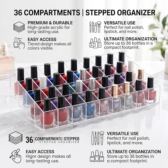 Nail Polish Organizer Holder,36 Slots Nail Organizer Rack, Clear Acrylic Nail Polish Storage Shelves,6-Tier Nail Polish Display Stand for Vanity, Bathroom Counter, Dresser,Salon,(1 Pack)