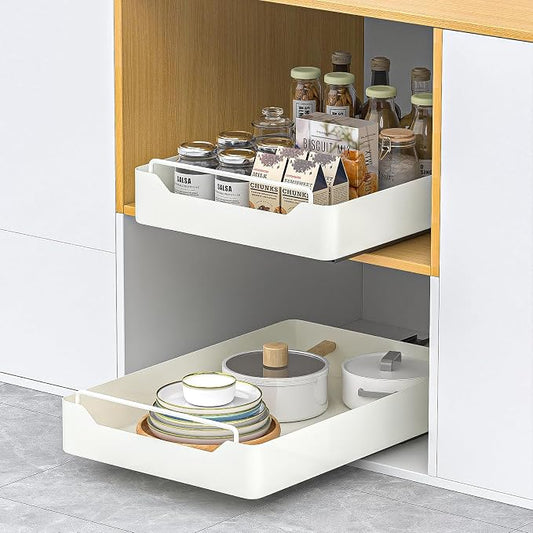 KMC Cabinet Pull-Out Organizer – No Screw, Double Layers Drawers, Peel & Stick Sliding Pantry Shelf – Kitchen Pullout with Home Adhesive