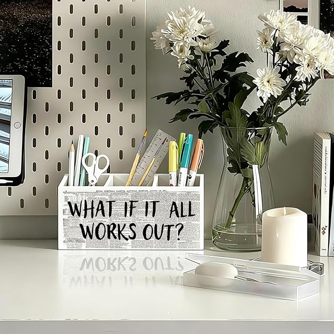 What If It All Works Out Pen Holder, Positive Affirmation Gifts for Women Pencil Holder for Desk, Inspirational Motivational Wooden Box Sign Decorations for Girly Room Dorm Desk Tabletop