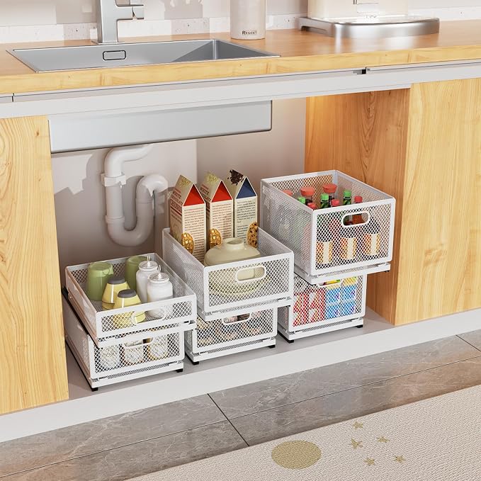 Pull out Cabinet Rack Organizers, No-Drill Slide Organizer Under Sink Organizer, Strong & Sturdy Expandable Cabinet Drawers, For Kitchen, Bathroom, Pantry(G,19.7*13.8*8.3inch/50*35*21.2cm)