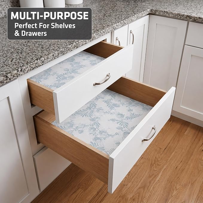 Drymate Premium Luxury Shelf & Drawer Liner, Thick Cushioned Fabric, Non-Adhesive, Absorbent, Waterproof, Slip-Resistant, Liners for Kitchen Cabinets, Cupboards (USA Made)(12”x59”)(2-Pack)(Light Blue)