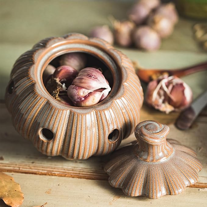 Ceramic Garlic Keeper with Lid and Holes Garlic Saver and Storage Framhouse Decor Keep Gralic Cloves Dry and Fresh, Grey