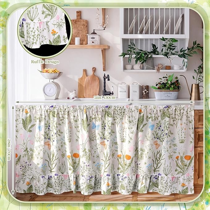 VitalCozy Cabinet Curtain 28" W x 51" L Sink Skirt for Bathroom Kitchen Wildflower Botanical Ruffles Spring Short Curtain for Home Classroom Farmhouse Drape Under Desk Privacy Drape for Laundry Room
