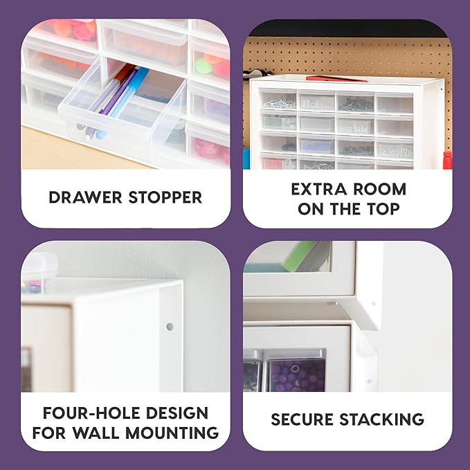 IRIS USA 24-Drawer Plastic Storage Organizer, Made in USA, Teacher Toolbox, Multi Drawer Cabinet For Beads Balloons Building Bricks Crafts Stickers Small Business Scrapbook Art Garage Tools, White