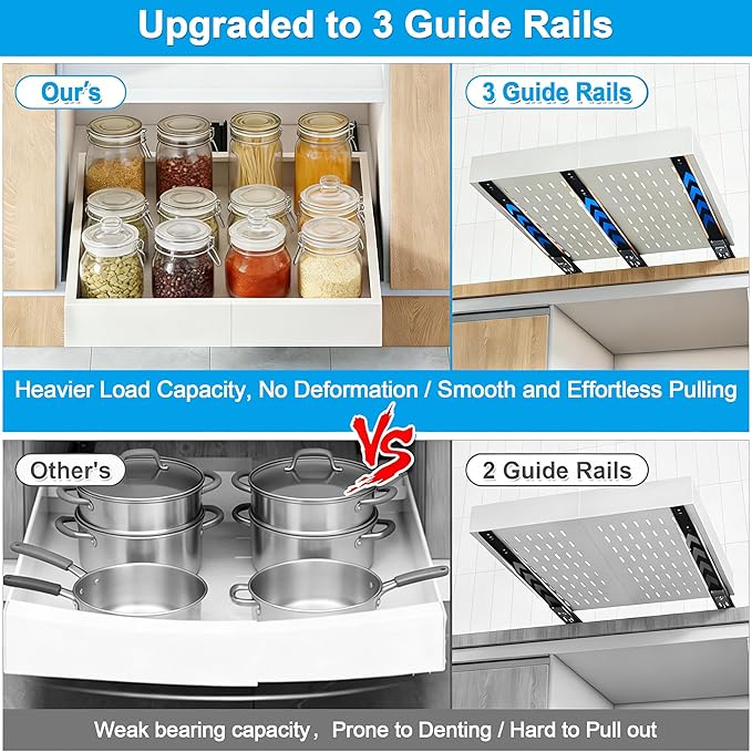 Pull Out Drawers for Cabinets, 1 Pack 21" Deep Expandable Slide Out Drawer for Kitchen Cabinets Adhesive Pantry Pullout Shelves Load-Bearing Upgrade 3 Slide Rails White