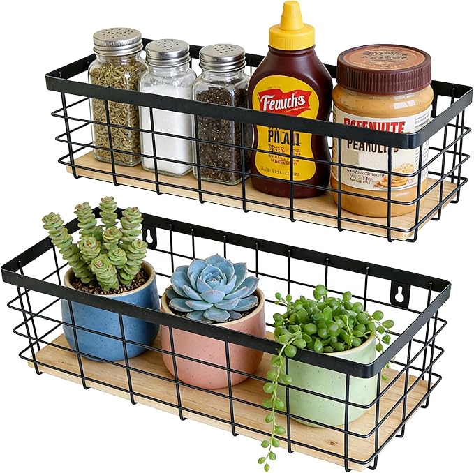 ShabbyDecor Metal Wire Basket Detachable Wood Base Storage Organizer Farmhouse Hanging Basket for Kitchen Cabinets, Bathroom, Pantry, Laundry Room Set of 2,Black Color