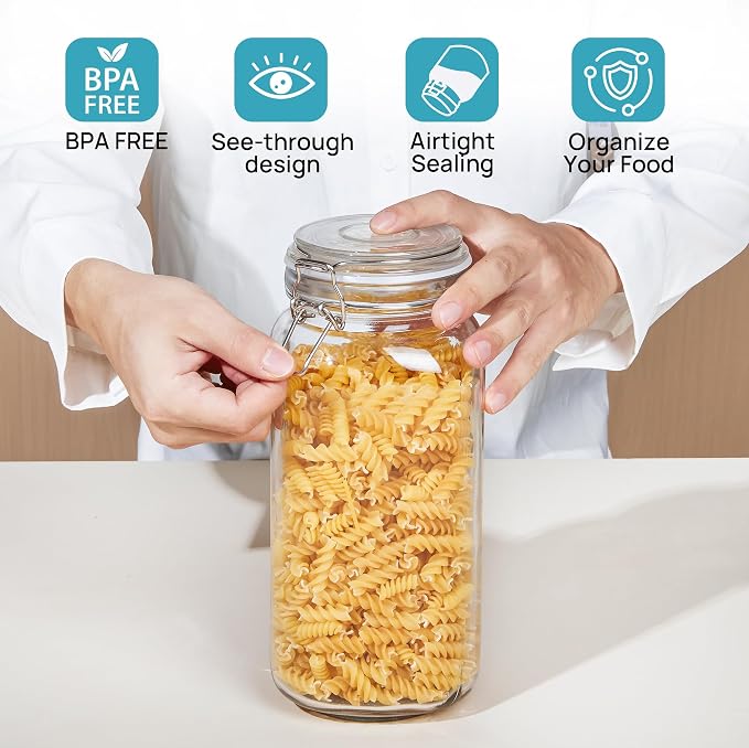 Vtopmart 78oz Glass Food Storage Jars with Airtight Clamp Lids, 3 Pack Large Kitchen Canisters for Flour, Cereal, Coffee, Pasta and Canning, Square Mason Jar with 8 Chalkboard Labels