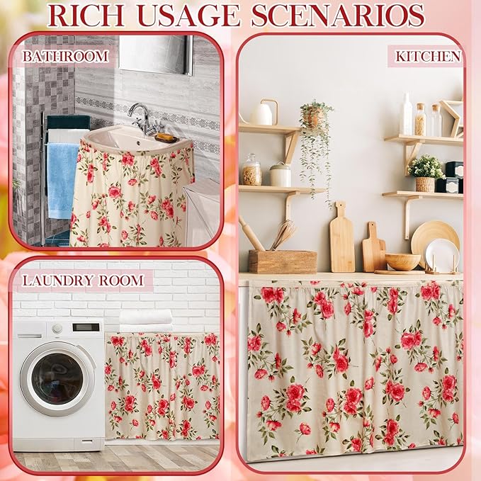 VitalCozy Cabinet Curtains 28" W x 51" L Sink Skirt for Bathroom Kitchen Vintage Rose Floral Cabinet Curtains for Classroom Home Farmhouse Rustic Drape Under Desk Privacy Drape for Laundry Room