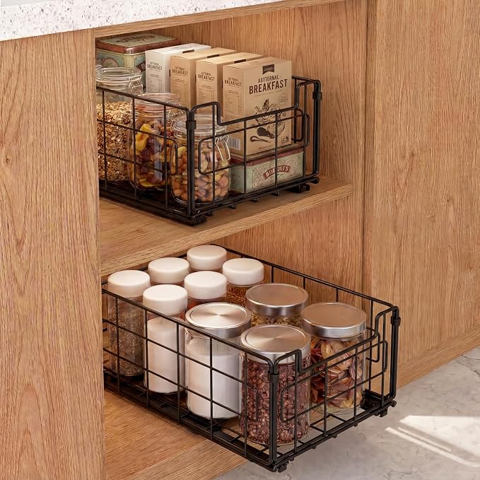 Pull Out Cabinet Sliding Basket Organizer, Heavy Duty Slide Out Drawer for Kitchen Cabinet, No Drill Adhesive Sliding Shelves for Kitchen Bathroom Home, 13.8" D x 8.5" W x 6.3" H,Black-2 Pack