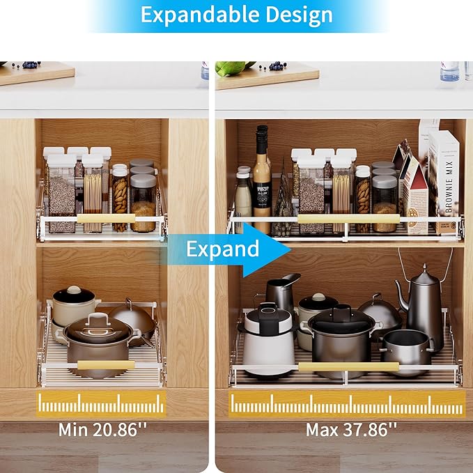 Expandable Pull Out Drawer Cabinet Organizer, Adjustable Width Bottom-Mounted Slide Out Storage Shelves for Cabinets, Required Cabinet Size (W: 20.86"~37.86", D≥22.5"), 1 Pack