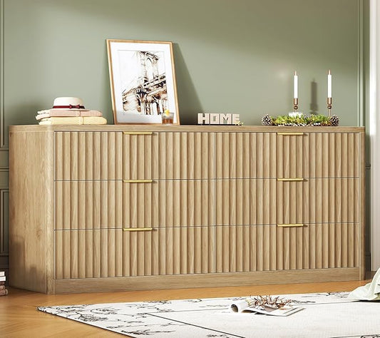 TEENFON 56.3'' Dresser for Bedroom with 6 Drawers, Dressers & Chest of Drawers with Curved Profile Design, 6 Drawer Dresser, Fluted Dressers, Wood Dressers for Bedroom, Living Room, Natural