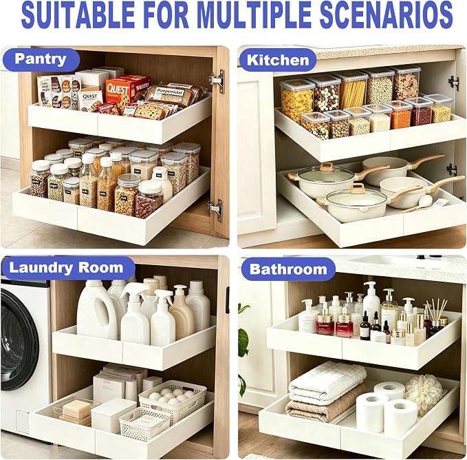 Expandable Pull Out Cabinet Organizer, No-Drill Pull Out Drawers, Roll-Out Shelf with Adhesive Pad & 3 Slide Rails for Framed Cabinets, Kitchen Pantry, 21" Deep, 12.2"-20.4", White, 2 Pack