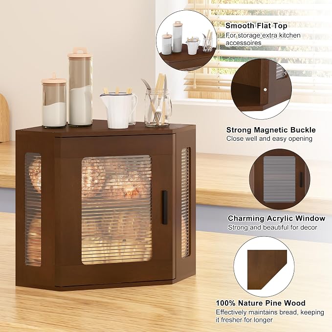 TQVAI Bread Box for Kitchen Countertop Large Corner Bread Loaf Storage Container Double Layer Wooden Bread Boxes Bin Farmhouse Pantry Shelf with Acrylic Window, Retro Brown