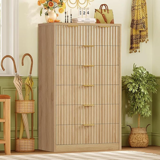 TEENFON 48" Tall Dresser for Bedroom with 7 Drawers, Dressers & Chests of Drawers with Metal Handle, Fluted Dresser, Wood Closet Clothes Storage Organizer for Bedroom, Hallway, Natural