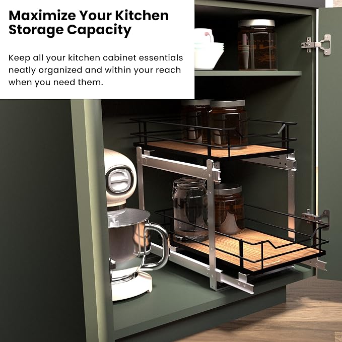 Home Zone Living Pull Out Kitchen Cabinet Organizer with 2 Tiers of Storage for Easy Access, 12”W x 20”D, Matte Black with Dark Brown, Virtuoso Collection
